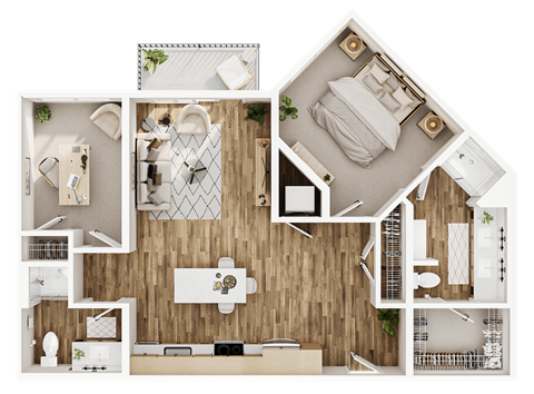 Floor plan for 2 beds, 2 baths, 941 sqft